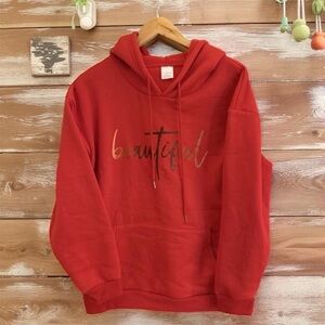 Red “Beautiful Believe” Christmas Hoodie Size Large Holiday Graphic Pullover